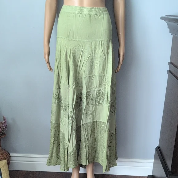 VTG Coldwater Creek Sage Green Boho Embroidered Maxi Skirt - Picture 3 of 15